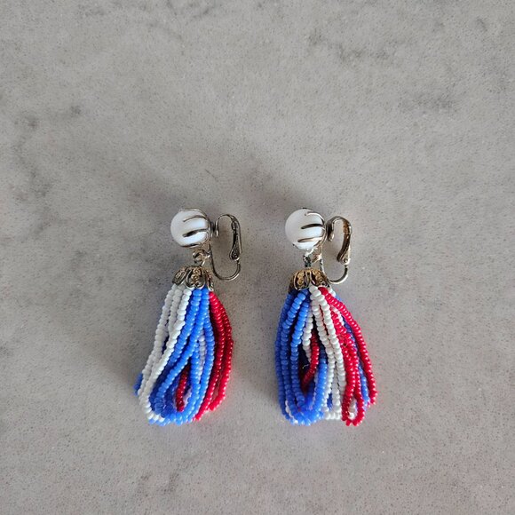 RED, WHITE, AND BLUE BEADED DANGLE CLIP-ON EARRINGS - Picture 6 of 14